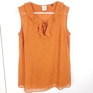 Cabi Top Womens Small Ruffle Keyhole Neck Orange Dotted Semi Sheer Shell Blouse